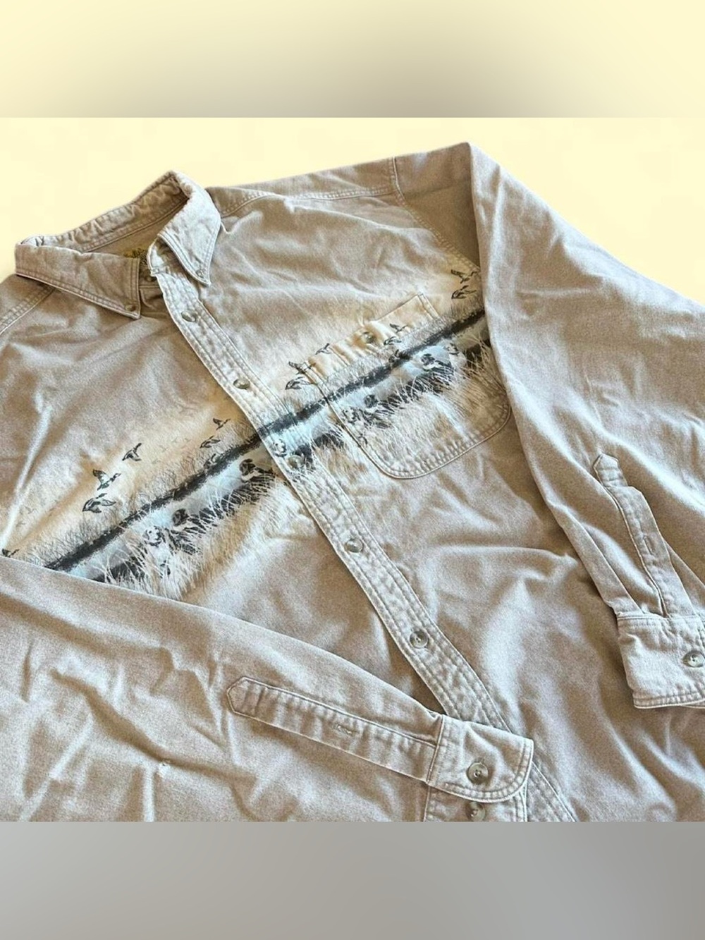 Vintage Cabela’s Chamois Cloth Hunting Shirt Dogs Print Beige 2XL